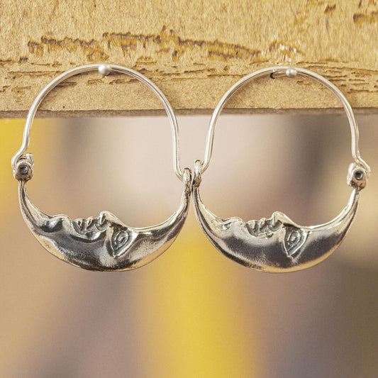 Moon at Rest Vintage Style Handcrafted Silver Crescent Moon Hoop Earrings