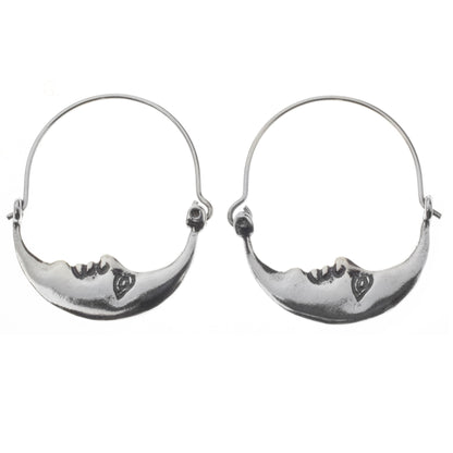 Moon at Rest Vintage Style Handcrafted Silver Crescent Moon Hoop Earrings