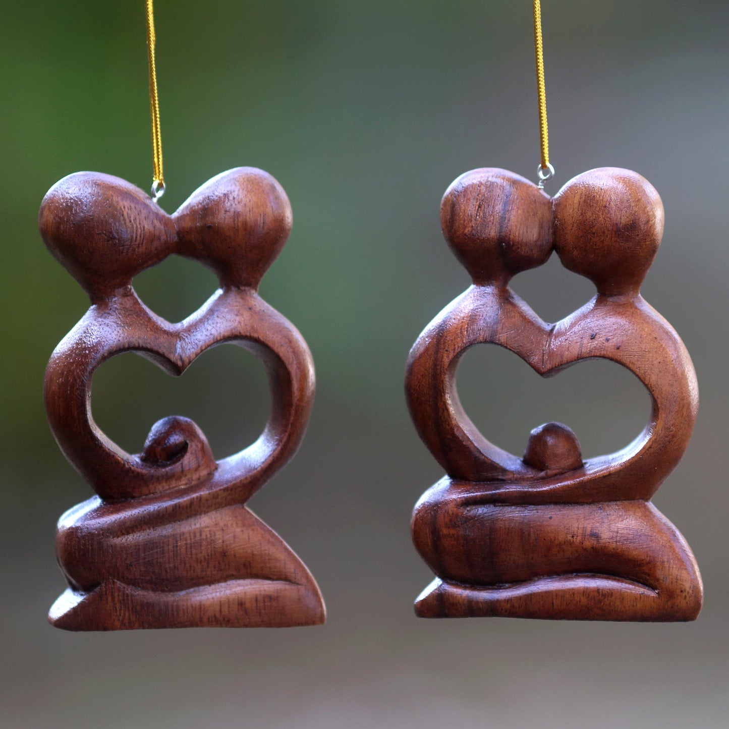 Forever Together Two Heart Ornaments of Couple Kissing Hand Carved of Wood