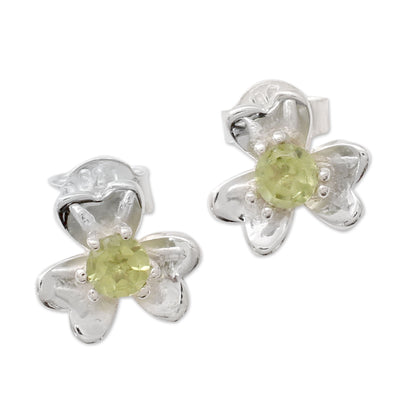 Cradle Lily Floral Peridot and Silver Button Earrings from India