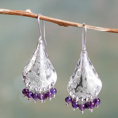 Purple Autumn Amethyst and Embossed Leaves on Sterling Silver Earrings