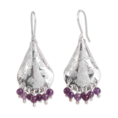 Purple Autumn Amethyst and Embossed Leaves on Sterling Silver Earrings