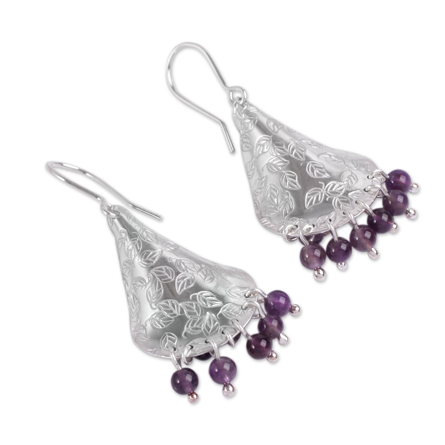 Purple Autumn Amethyst and Embossed Leaves on Sterling Silver Earrings