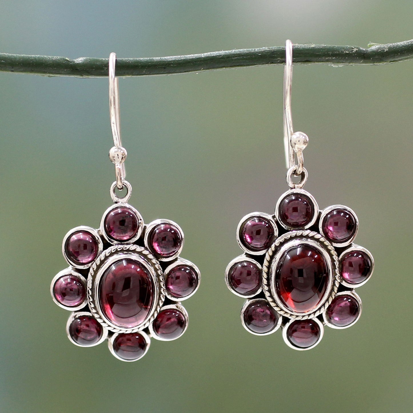 Raspberry Blossom Floral Jewelry Sterling Silver and Garnet Hook Earrings