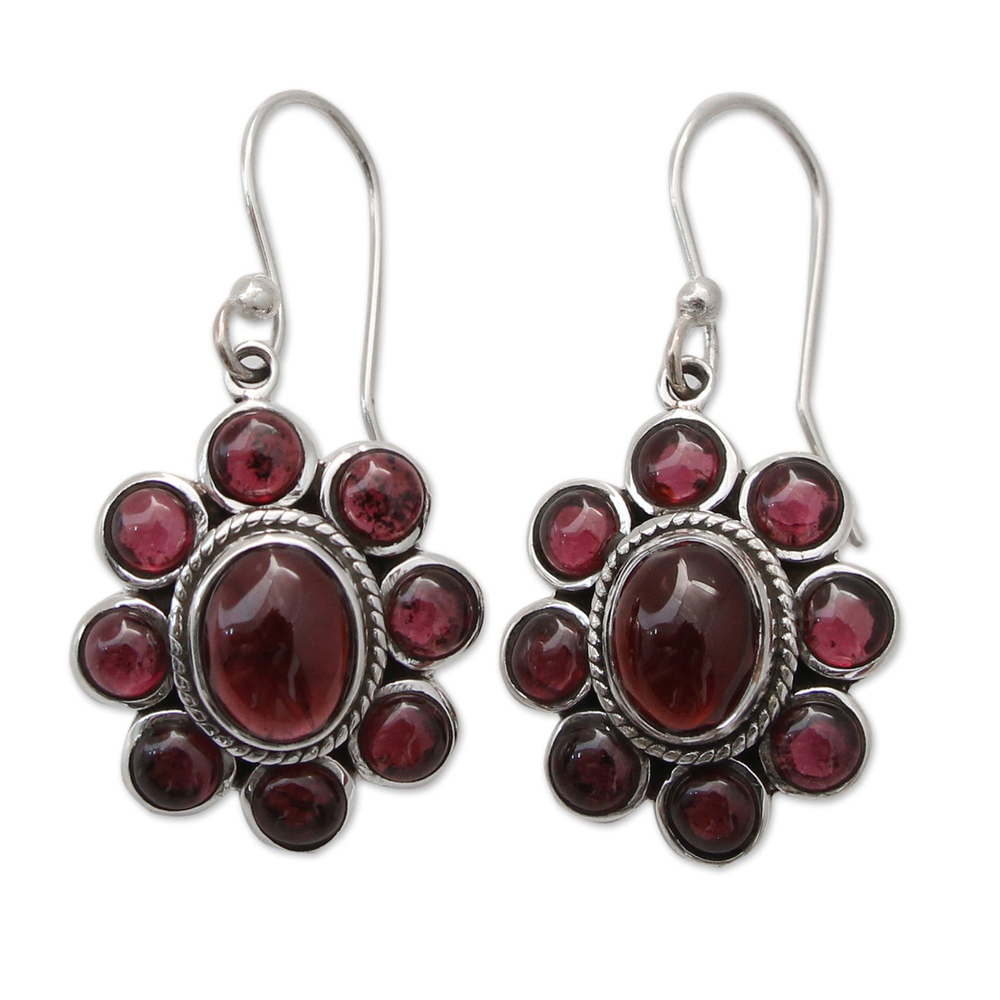 Raspberry Blossom Floral Jewelry Sterling Silver and Garnet Hook Earrings