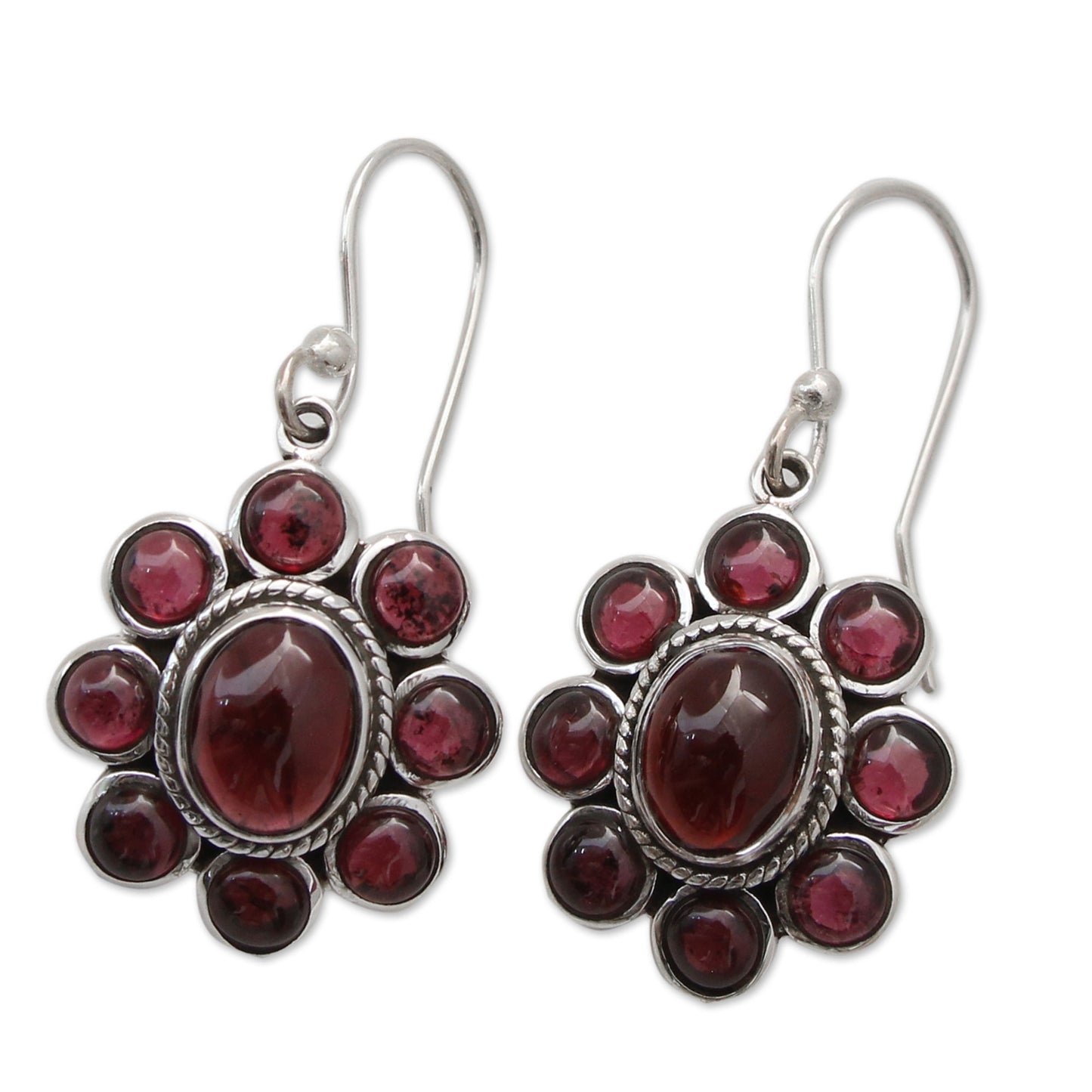 Raspberry Blossom Floral Jewelry Sterling Silver and Garnet Hook Earrings