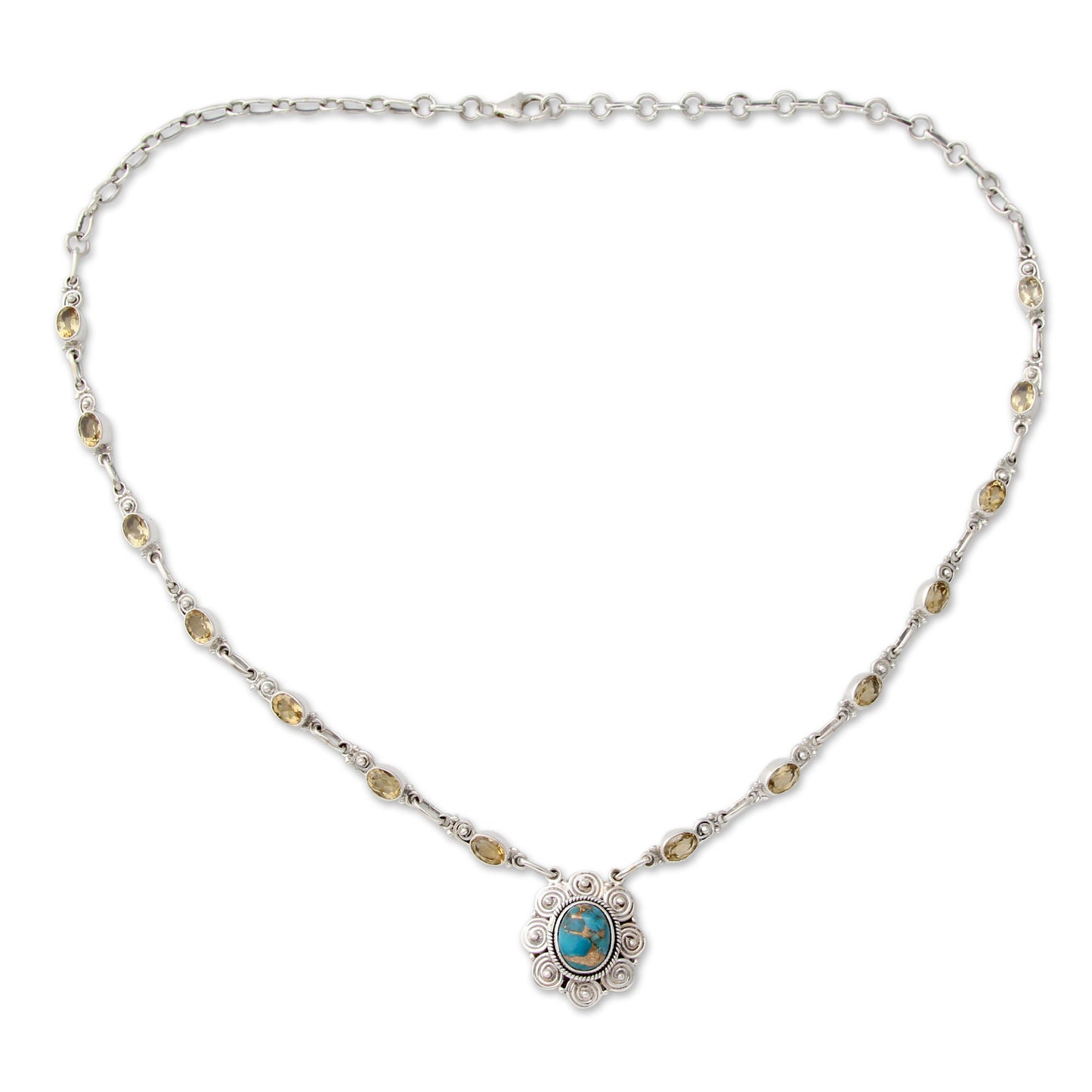 Golden Sky Halo India Silver and Citrine Necklace with Composite Turquoise