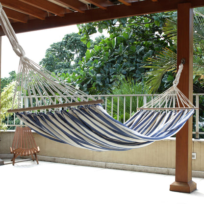 Ceara Parallels Blue White Cotton Hammock with Spreader Bars (Single)