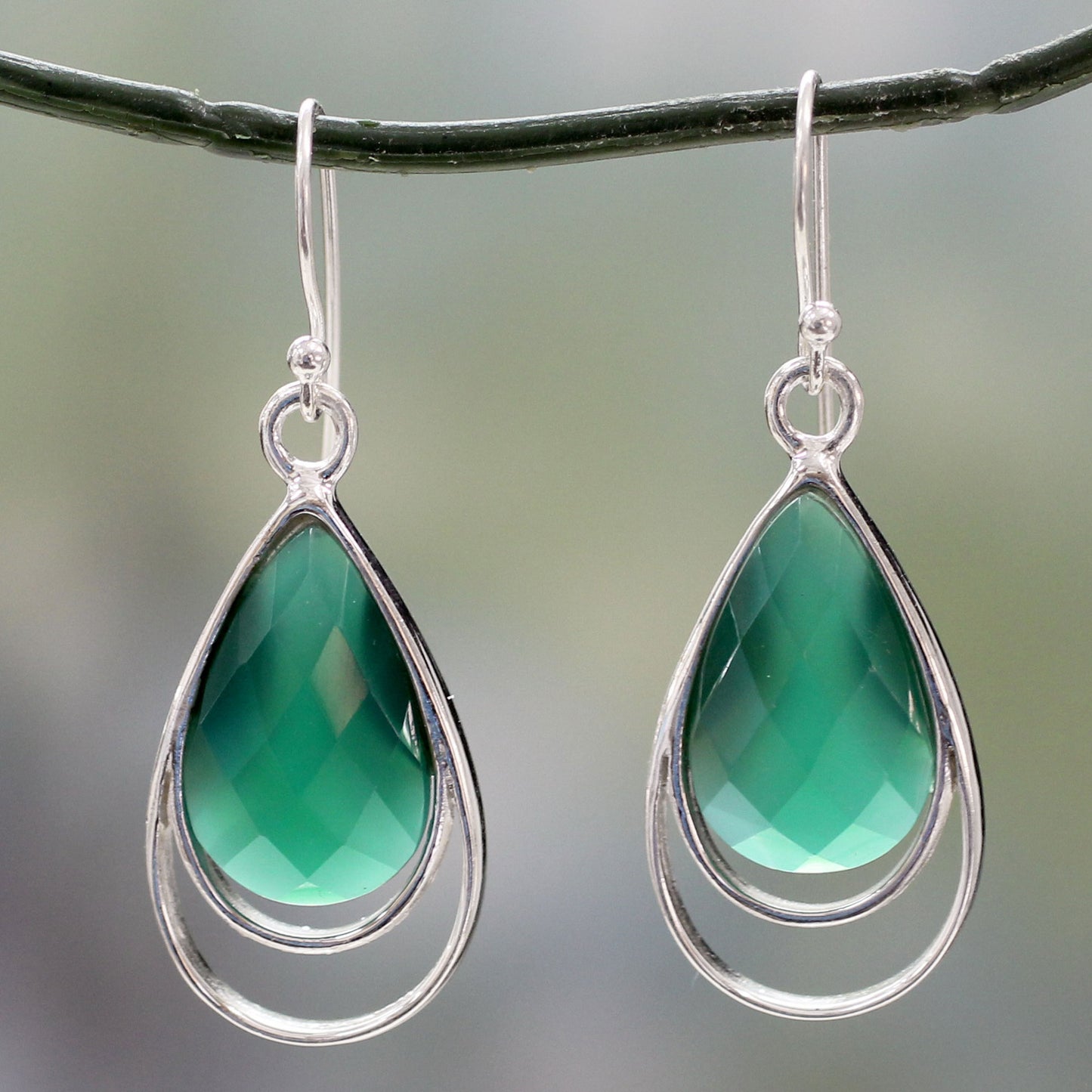 Delhi Glam Teardrop Shaped Green Onyx Dangle Earrings