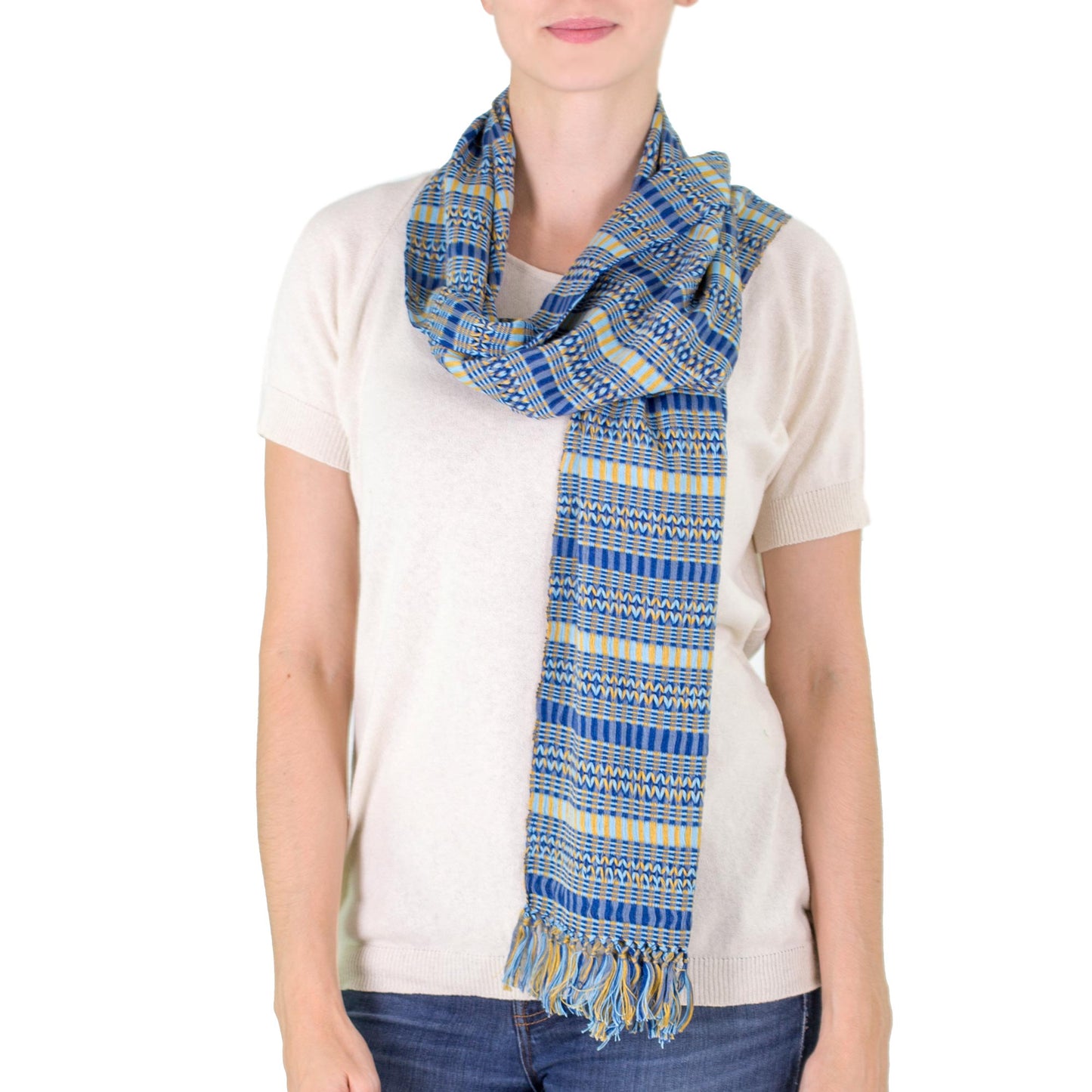 Atitlan Sunshine Backstrap Loom Organic Dye Blue and Yellow Cotton Scarf