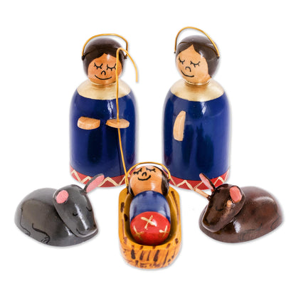 Holy Family in Royal Blue 6 Piece Artisan Crafted Wood Nativity Scene in Royal Blue