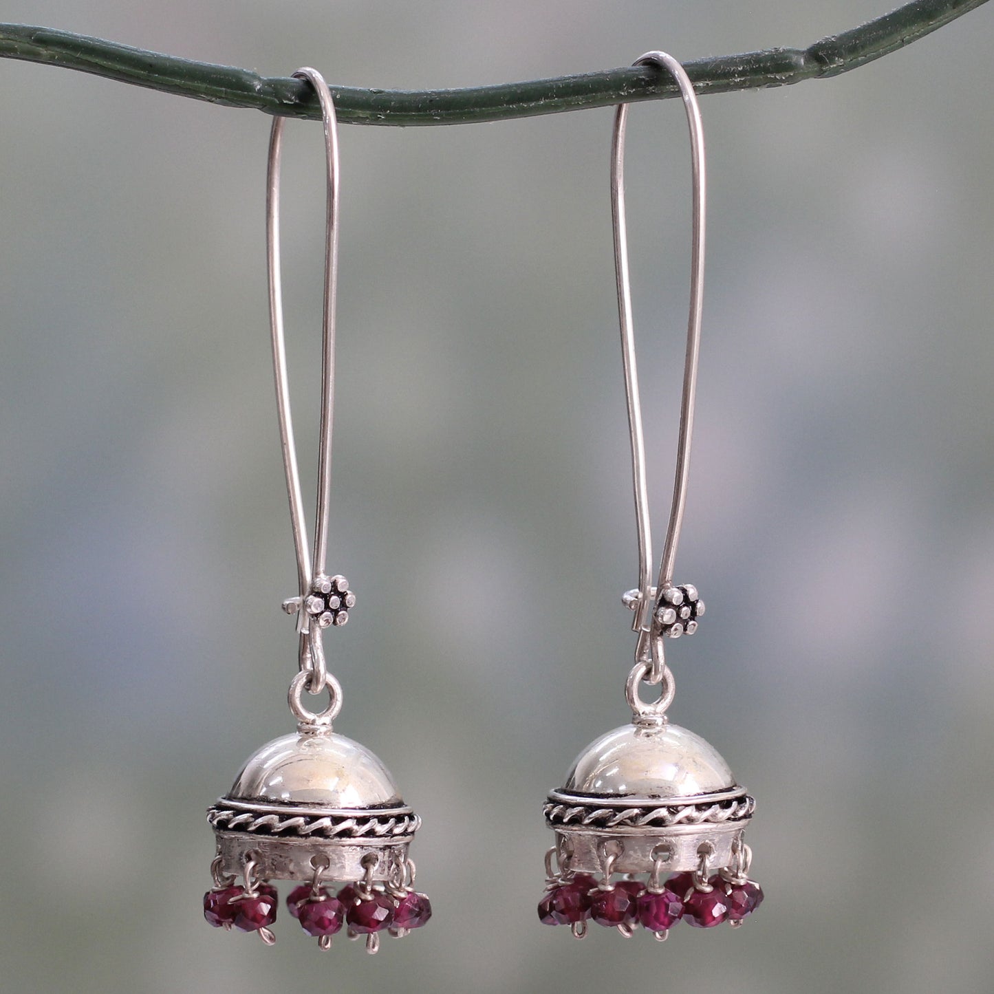 Grand Tradition Indian Style Garnet and Sterling Silver Earrings