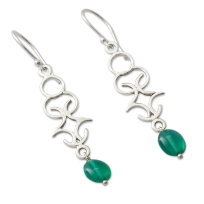 Forest Trellis Polished Silver Dangle Earrings with Green Onyx Beads