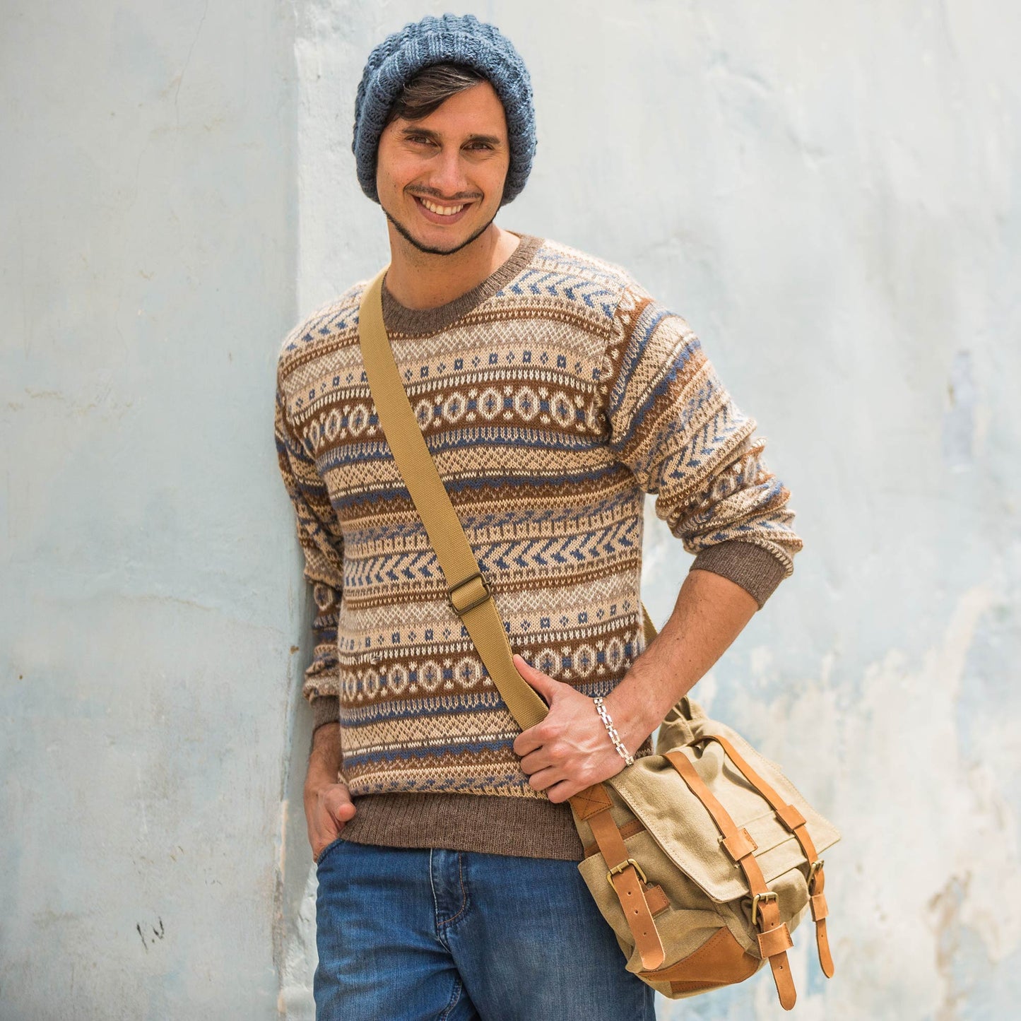 Journey to Puno Tan and Brown Leather Accent Roomy Canvas Messenger Bag