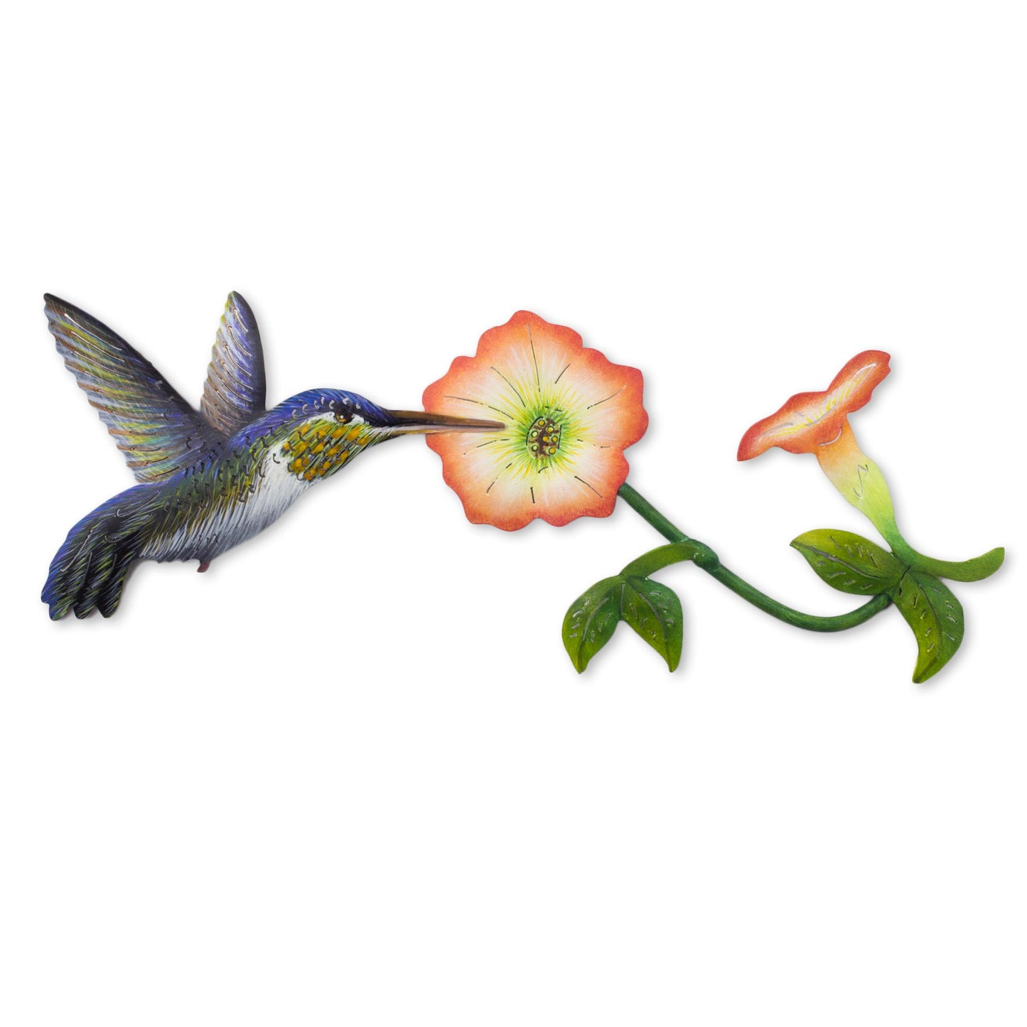 Exotic Nectar in Orange Hummingbird and Flowers Steel Wall Art Crafted by Hand