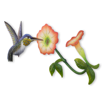 Exotic Nectar in Orange Hummingbird and Flowers Steel Wall Art Crafted by Hand