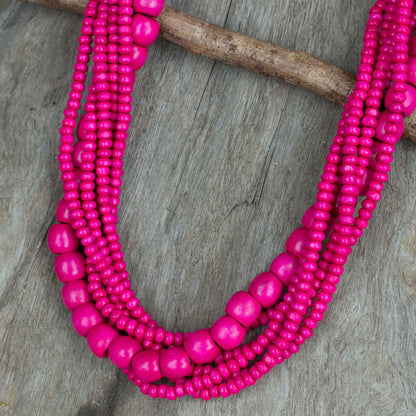 Tropical Dance Fair Trade Long Wood Beaded Hot Pink Strand Necklace