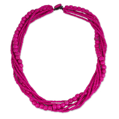 Tropical Dance Fair Trade Long Wood Beaded Hot Pink Strand Necklace