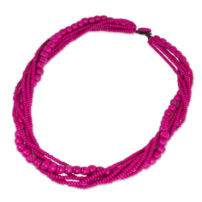 Tropical Dance Fair Trade Long Wood Beaded Hot Pink Strand Necklace