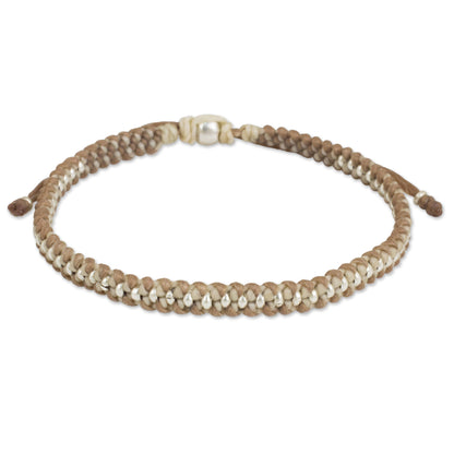 Tan Ivory Progression Macrame Bracelet in Tan and Ivory with Hill Tribe Silver