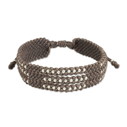 Starlight and Khaki Wristband Bracelet in Macrame with Silver 950 Beads