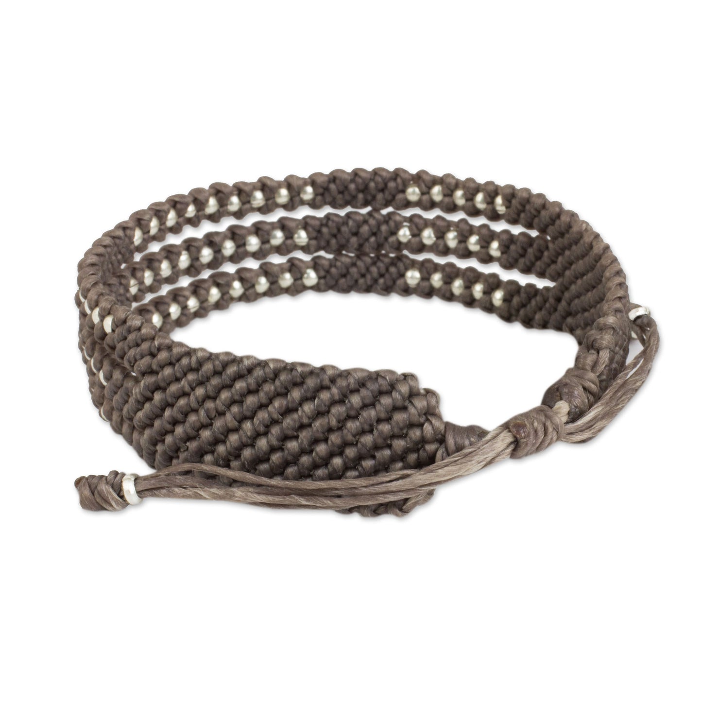 Starlight and Khaki Wristband Bracelet in Macrame with Silver 950 Beads