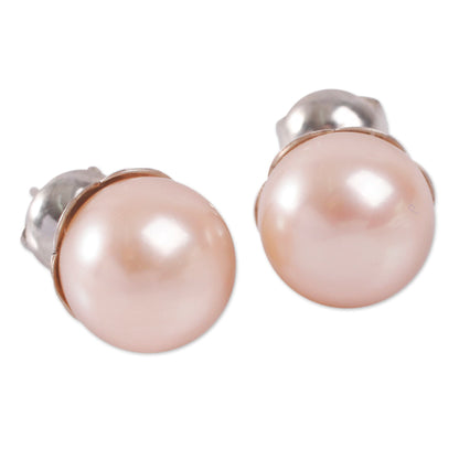 Pink Nascent Flower Pink Cultured Pearl Handcrafted Stud Earrings from Peru