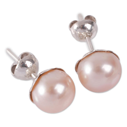 Pink Nascent Flower Pink Cultured Pearl Handcrafted Stud Earrings from Peru