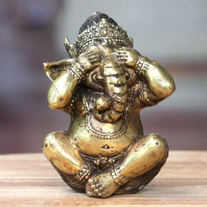 Ganesha Sees No Evil Antiqued Bronze Statuette of Hinduism Lord Ganesha