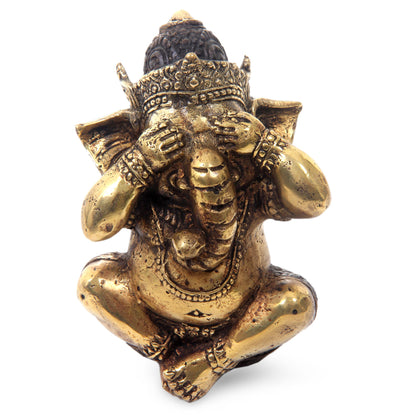 Ganesha Sees No Evil Antiqued Bronze Statuette of Hinduism Lord Ganesha