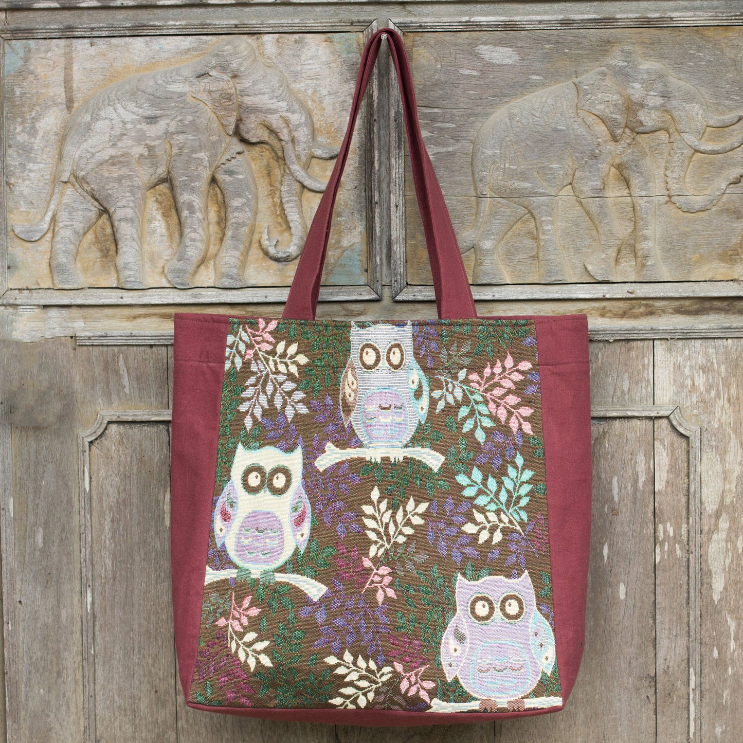 Playful Owls Thai Owls Cotton Blend Tote Shoulder Bag in Brown