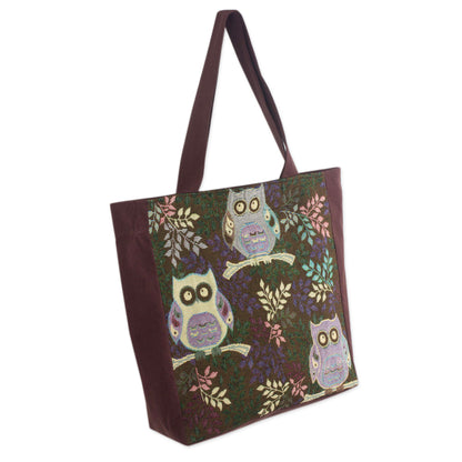 Playful Owls Thai Owls Cotton Blend Tote Shoulder Bag in Brown