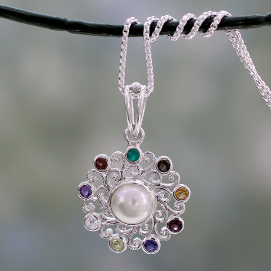 Rainbow Halo Handcrafted Silver Necklace with Cultured Pearl and Gems