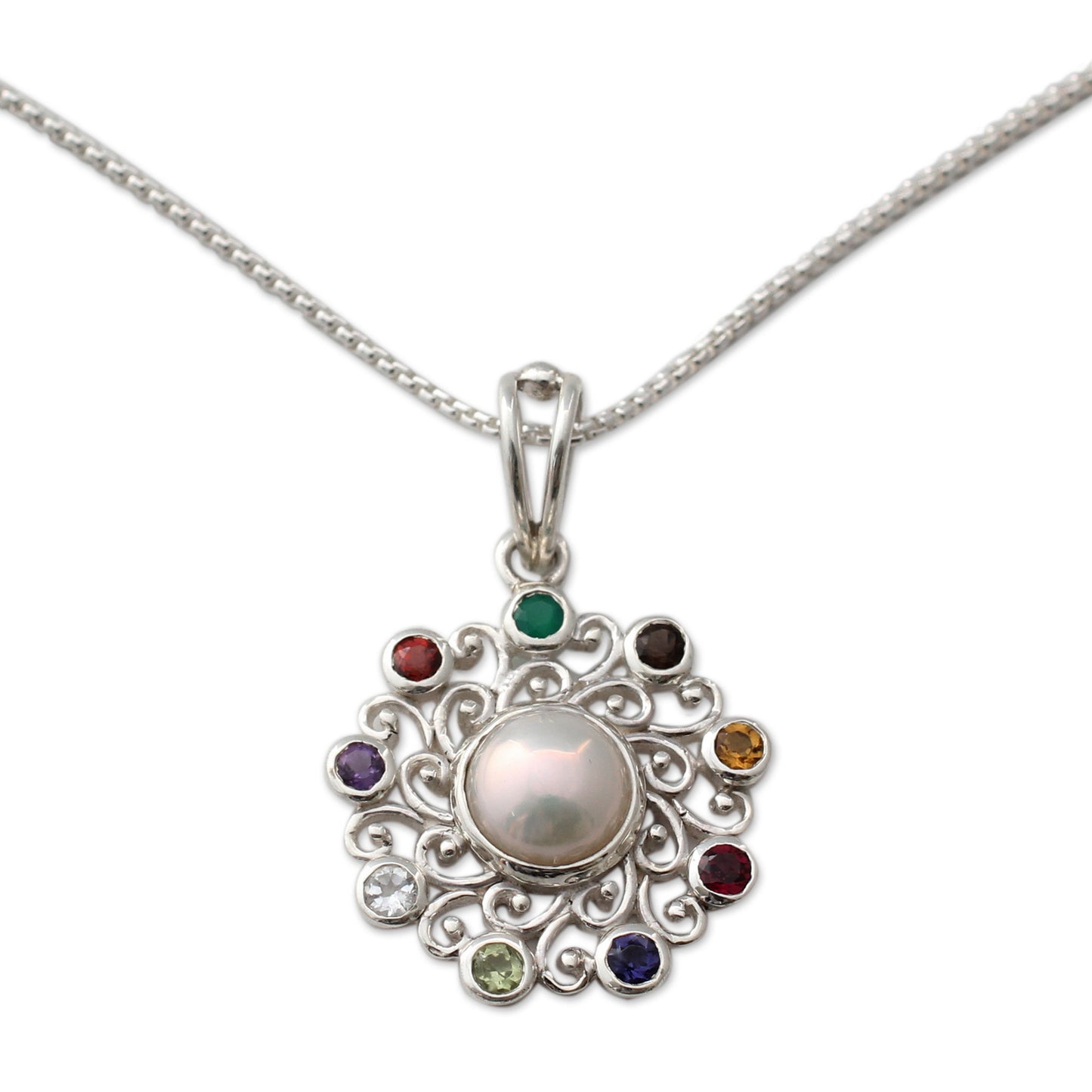 Rainbow Halo Handcrafted Silver Necklace with Cultured Pearl and Gems