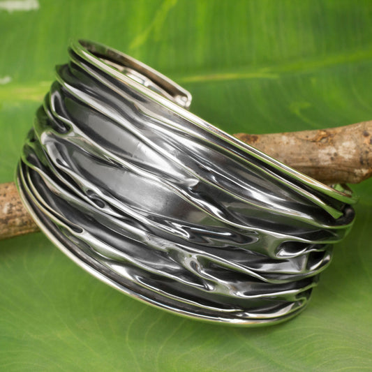 Wide River Textured Sterling Silver Cuff Bracelet Crafted by Hand