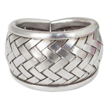 Weaving Fantasies Modern Silver Band Ring with Woven Textures Crafted by Hand