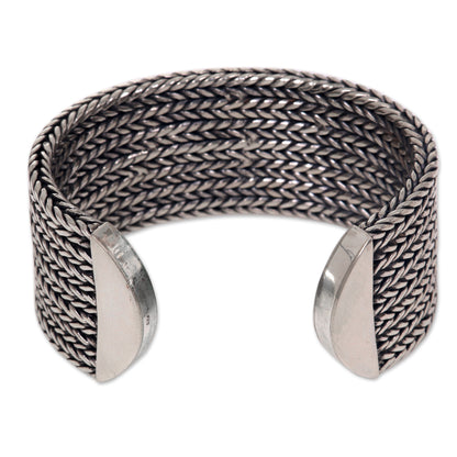 Horseshoe Braids Wide Textured Sterling Silver Cuff Bracelet from Bali