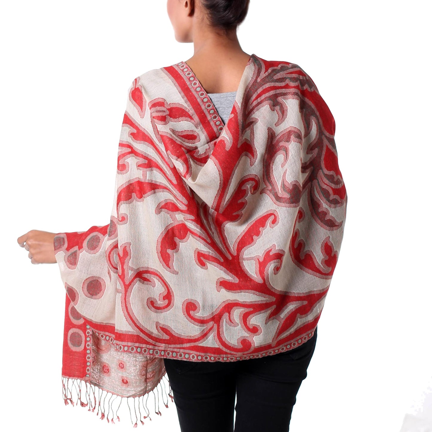 Modern Red Jamawar Red and Beige Modern Wool Shawl from India