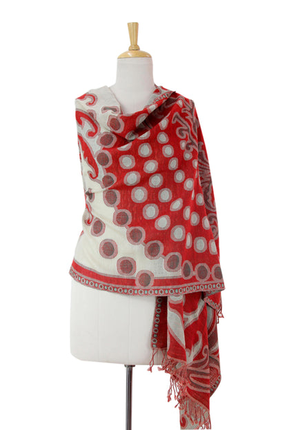 Modern Red Jamawar Red and Beige Modern Wool Shawl from India