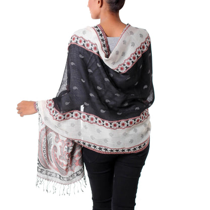 Agra Night Dramatic Indian Wool Shawl in Black and White with Red