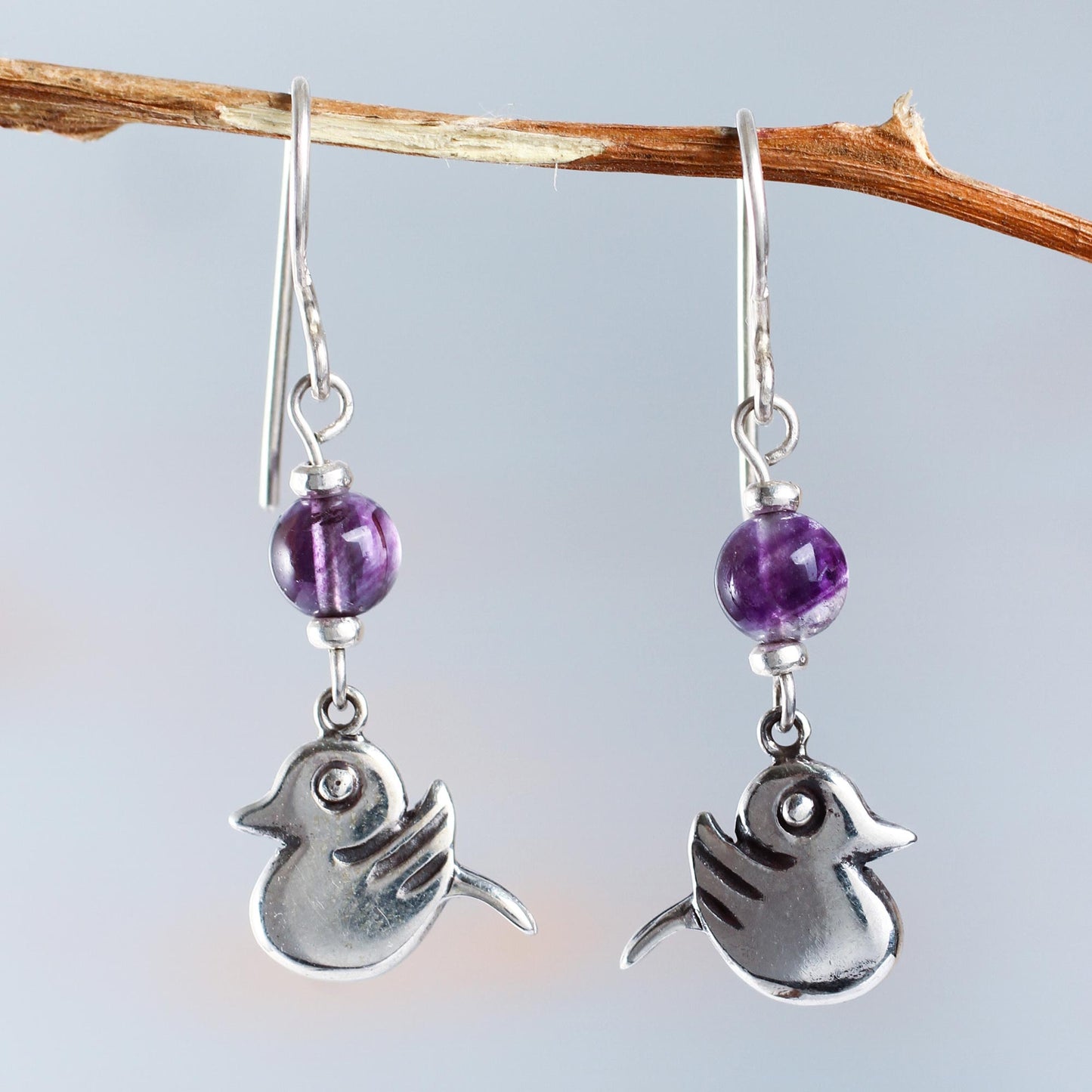 Purple Inca Sparrow Sterling Silver Handcrafted Purple Fluorite Bird Earrings