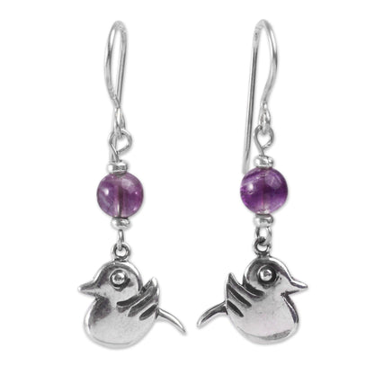 Purple Inca Sparrow Sterling Silver Handcrafted Purple Fluorite Bird Earrings