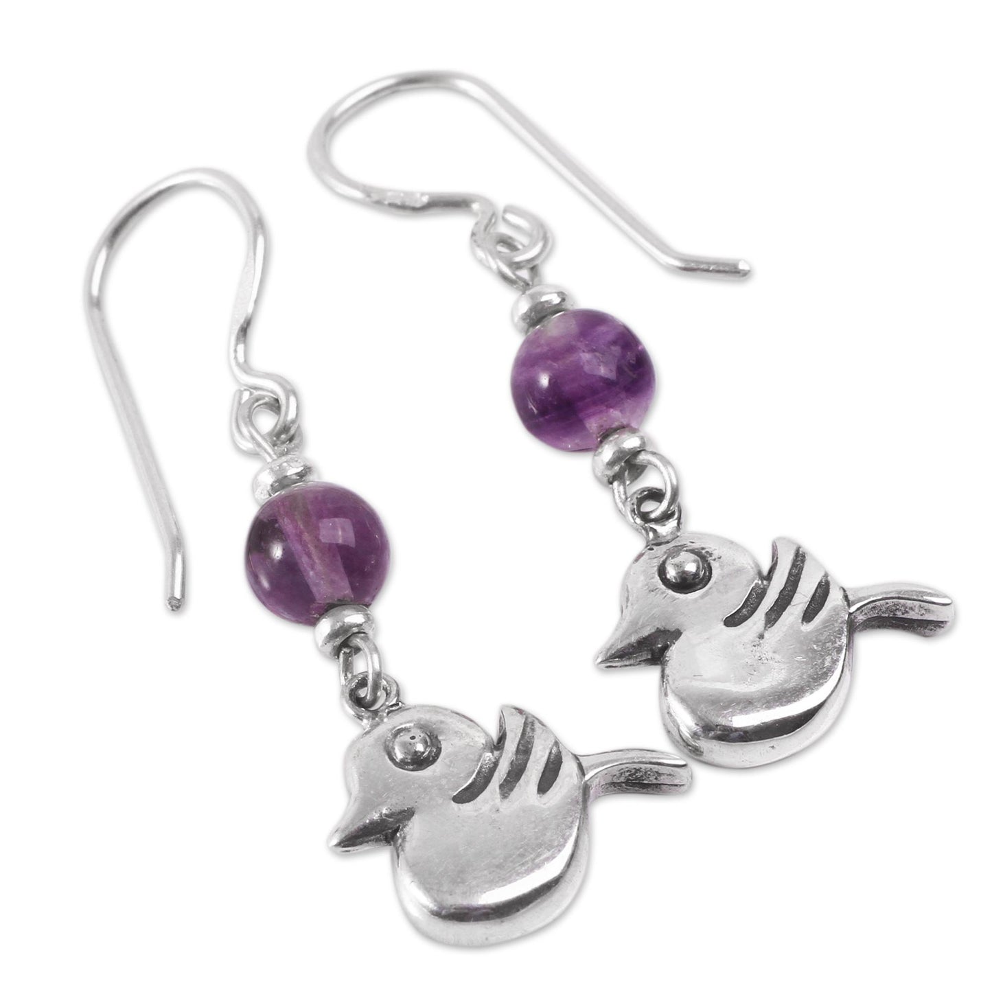 Purple Inca Sparrow Sterling Silver Handcrafted Purple Fluorite Bird Earrings