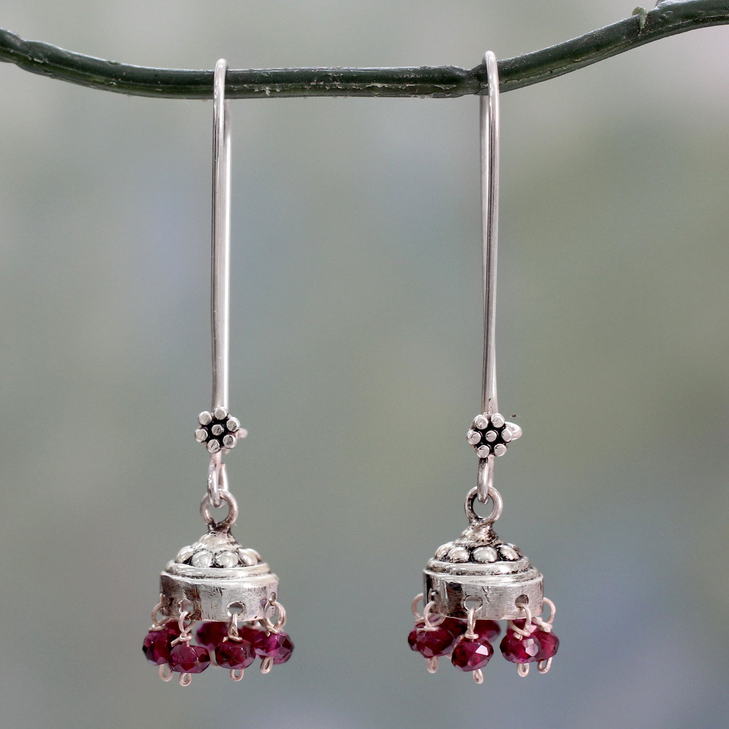 Bride of India Sterling Silver and Garnet Jhumki Earrings from India