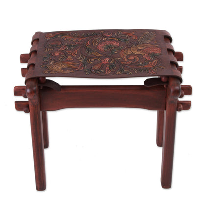 Andean Paradise Birds and Flowers Embossed on Leather and Wood Stool