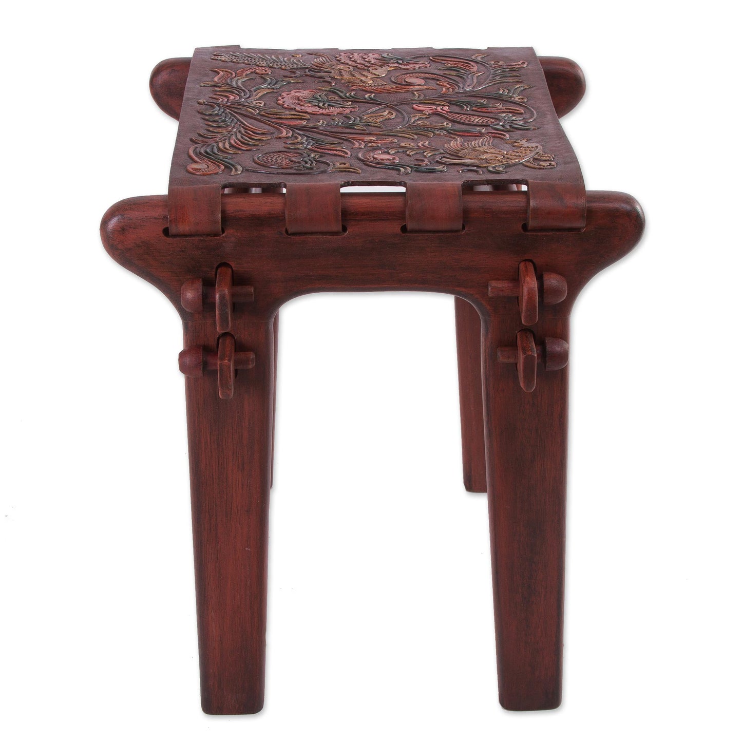 Andean Paradise Birds and Flowers Embossed on Leather and Wood Stool