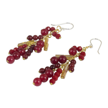 Brilliant Cascade Beaded Red Quartz Earrings on 24k Gold Plated Chains