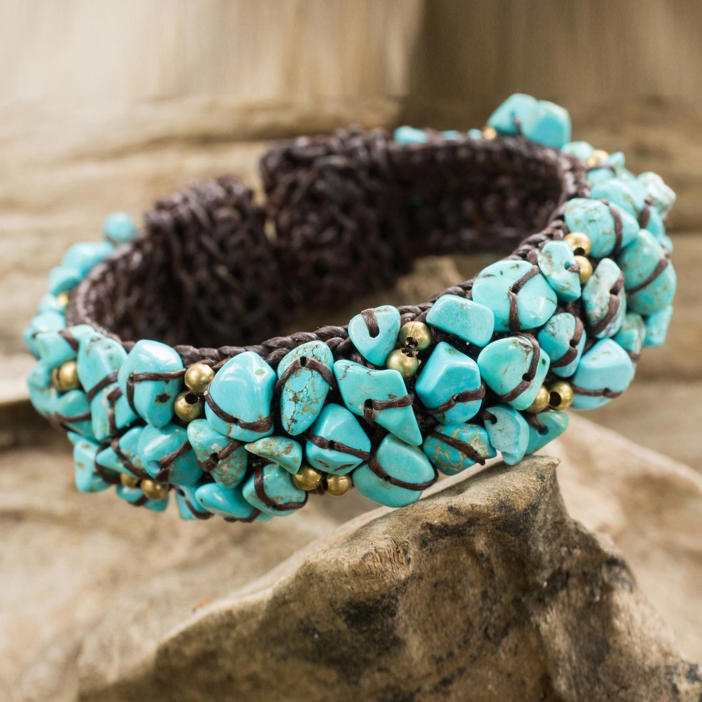 Sky Blue Day Turquoise Color Bead Bracelet on Brown Crocheted Cords