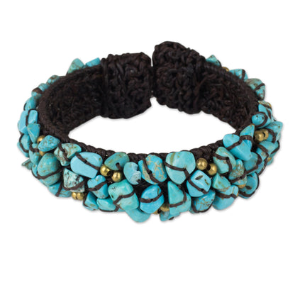 Sky Blue Day Turquoise Color Bead Bracelet on Brown Crocheted Cords