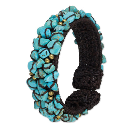 Sky Blue Day Turquoise Color Bead Bracelet on Brown Crocheted Cords